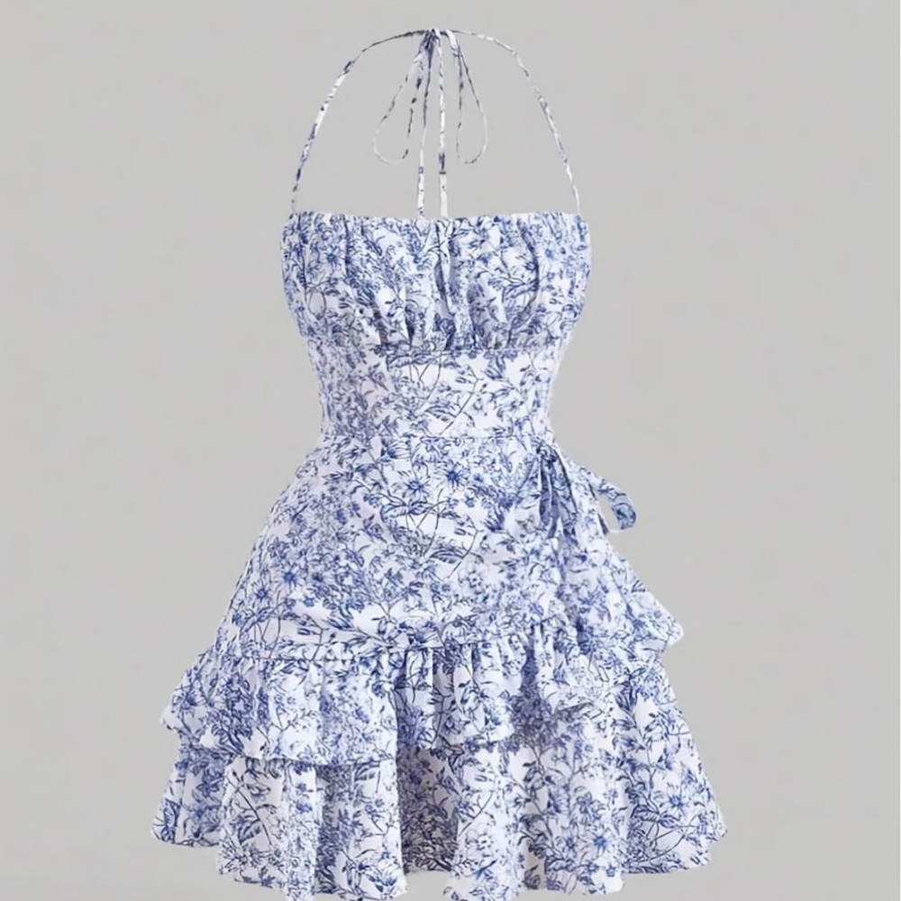 Floral Blue and White Ruffled Blouse